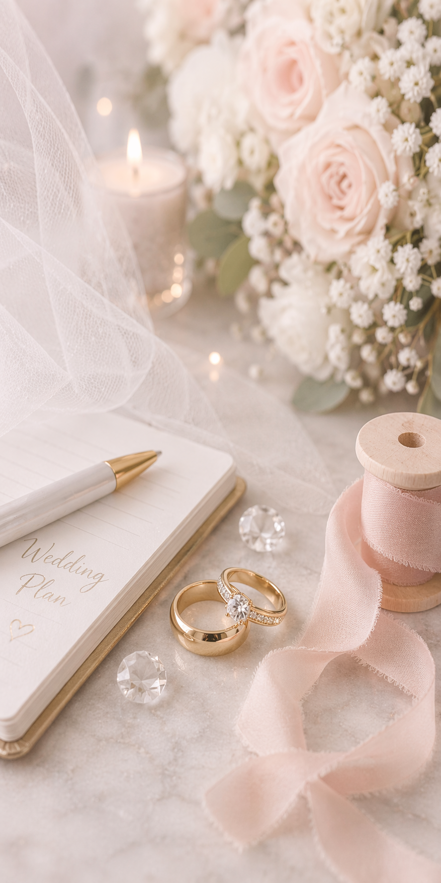 Delfin Paket Hochzeitsplanung mit eleganter Flatlay Szene aus Ringen, Notizbuch und floralen Details für eine ganzheitliche Hochzeitsorganisation
