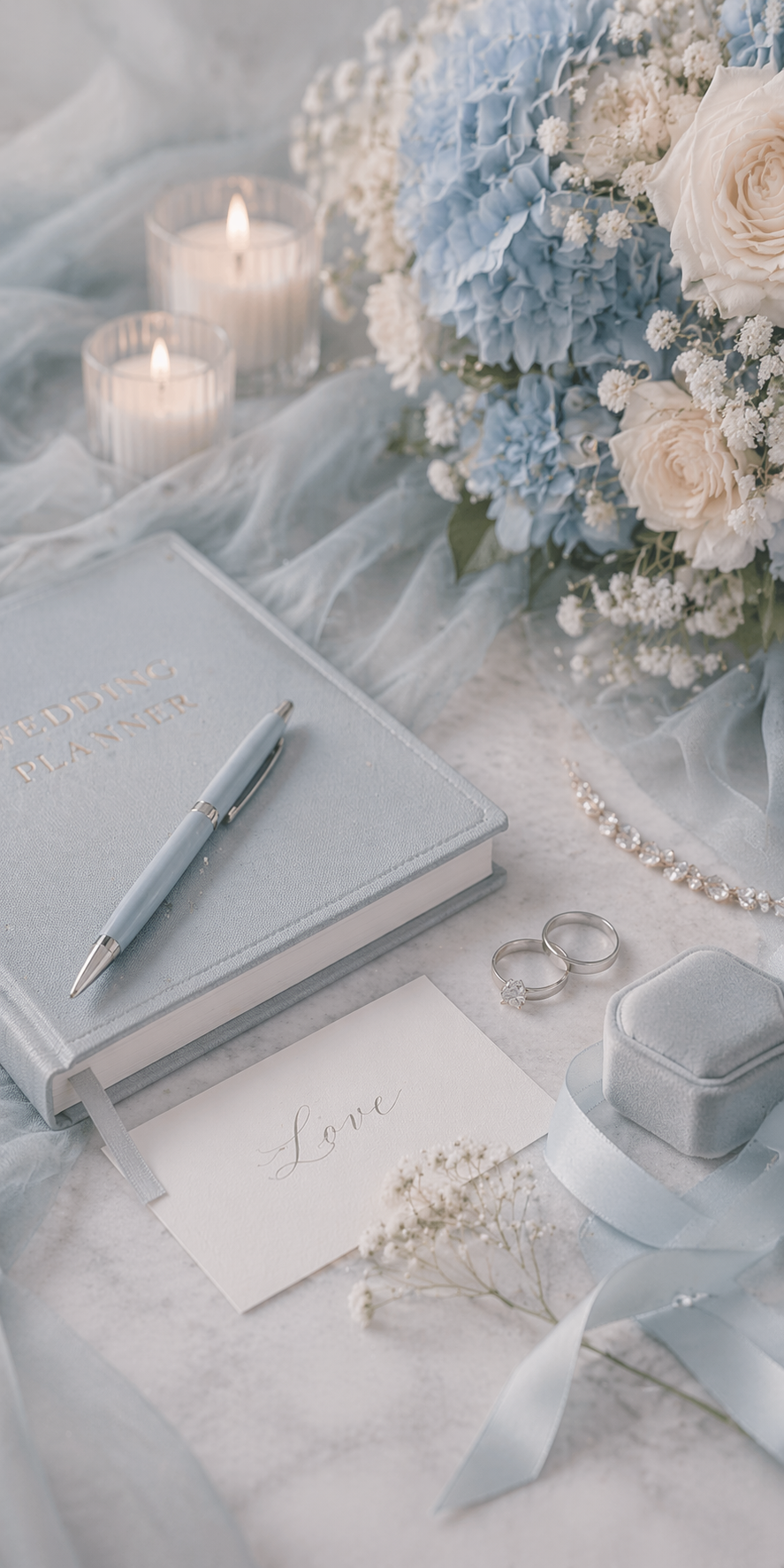 Blauwal Premium Hochzeitsplanung mit stilvollem Setup aus Planer, Schmuckdetails und floralen Elementen für luxuriöse Hochzeitsorganisation
