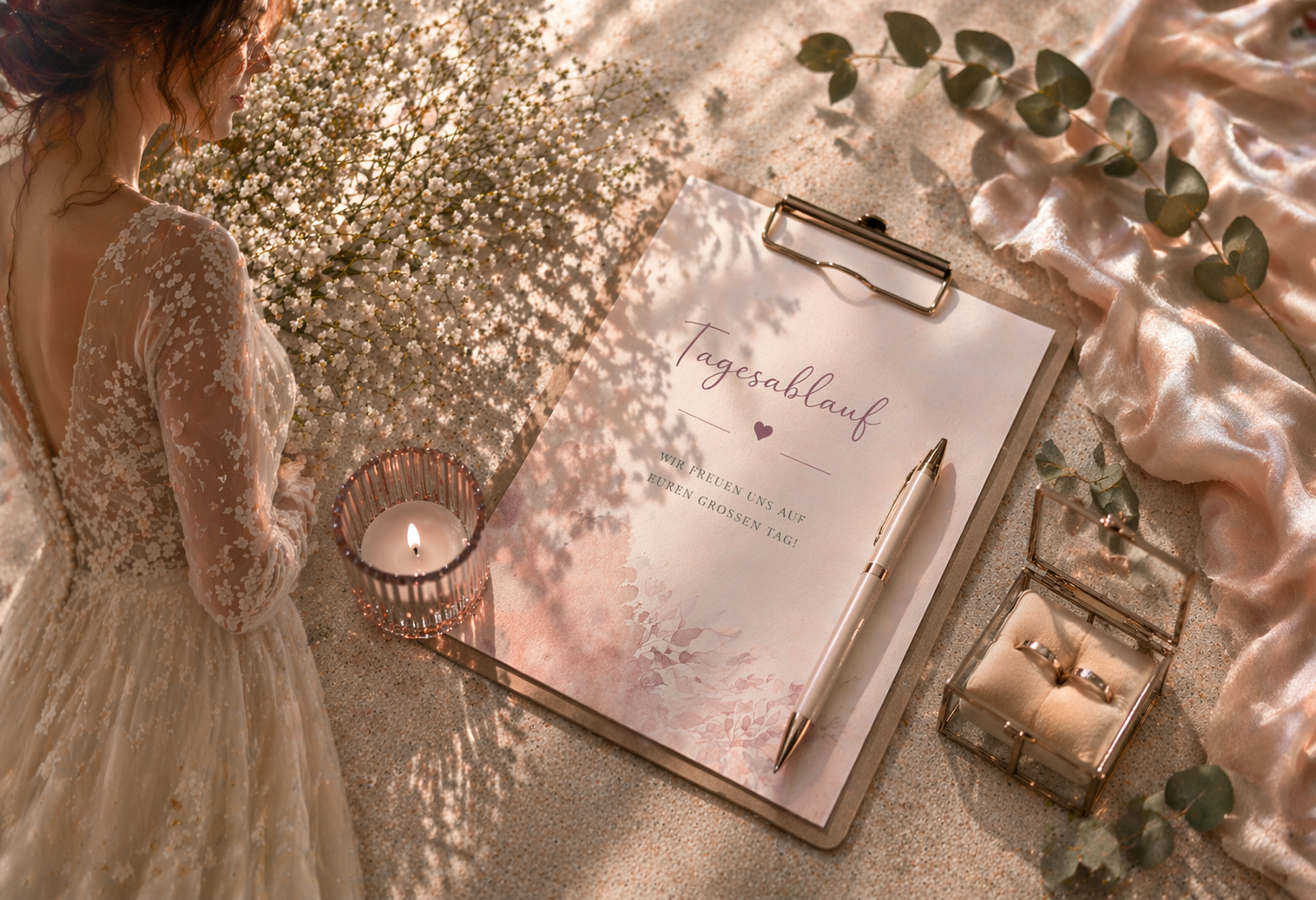 Hai Paket Hochzeitsplanung mit Tagesbegleitung Deluxe, elegante Szene mit Braut, Ablaufplan, Eheringen und stilvollen Hochzeitsdetails in natürlichen Rosé- und Beigetönen
