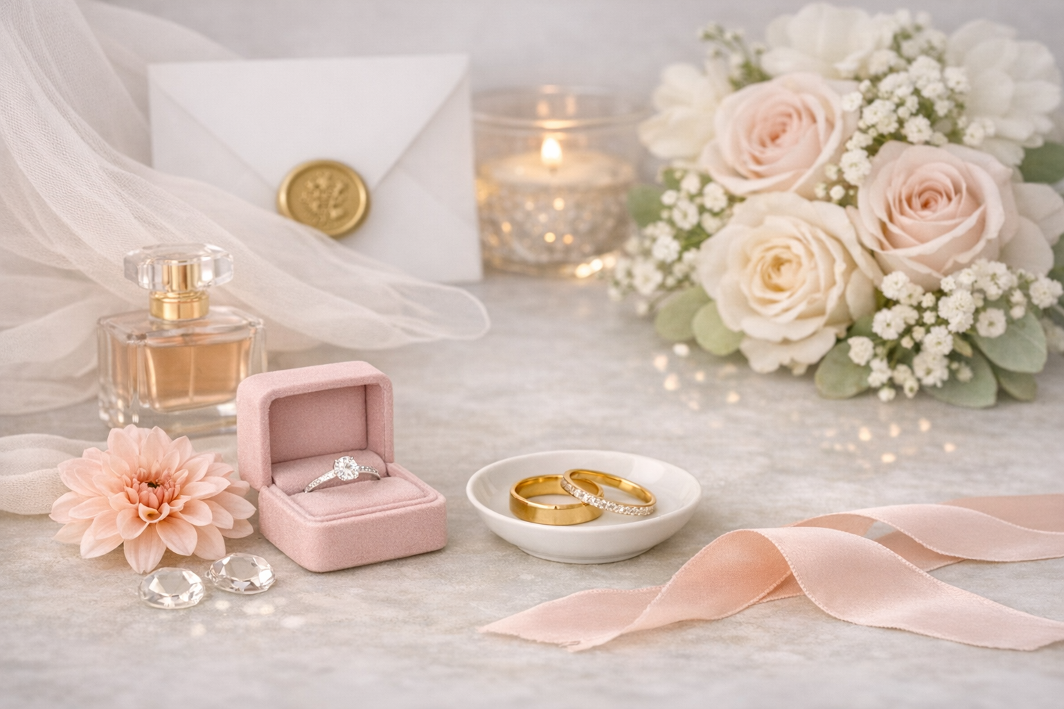 Seepferdchen Basis Teilplanung mit romantischer Szene aus Ringen, Parfum und Hochzeitsdetails für strukturierte Teilorganisation
