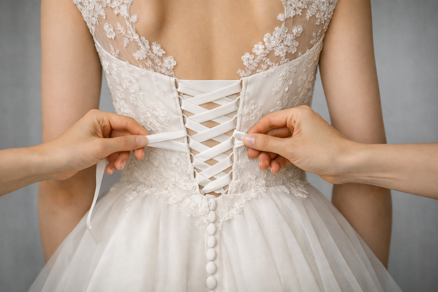 Hochzeitsplanerin begleitet eine Braut in Wien/Niederösterreich: Nahaufnahme, wie die Schnürung des Hochzeitskleids am Rücken sanft gebunden wird. Elegante, ruhige Szene mit Fokus auf Vertrauen, Unterstützung und professioneller Begleitung.