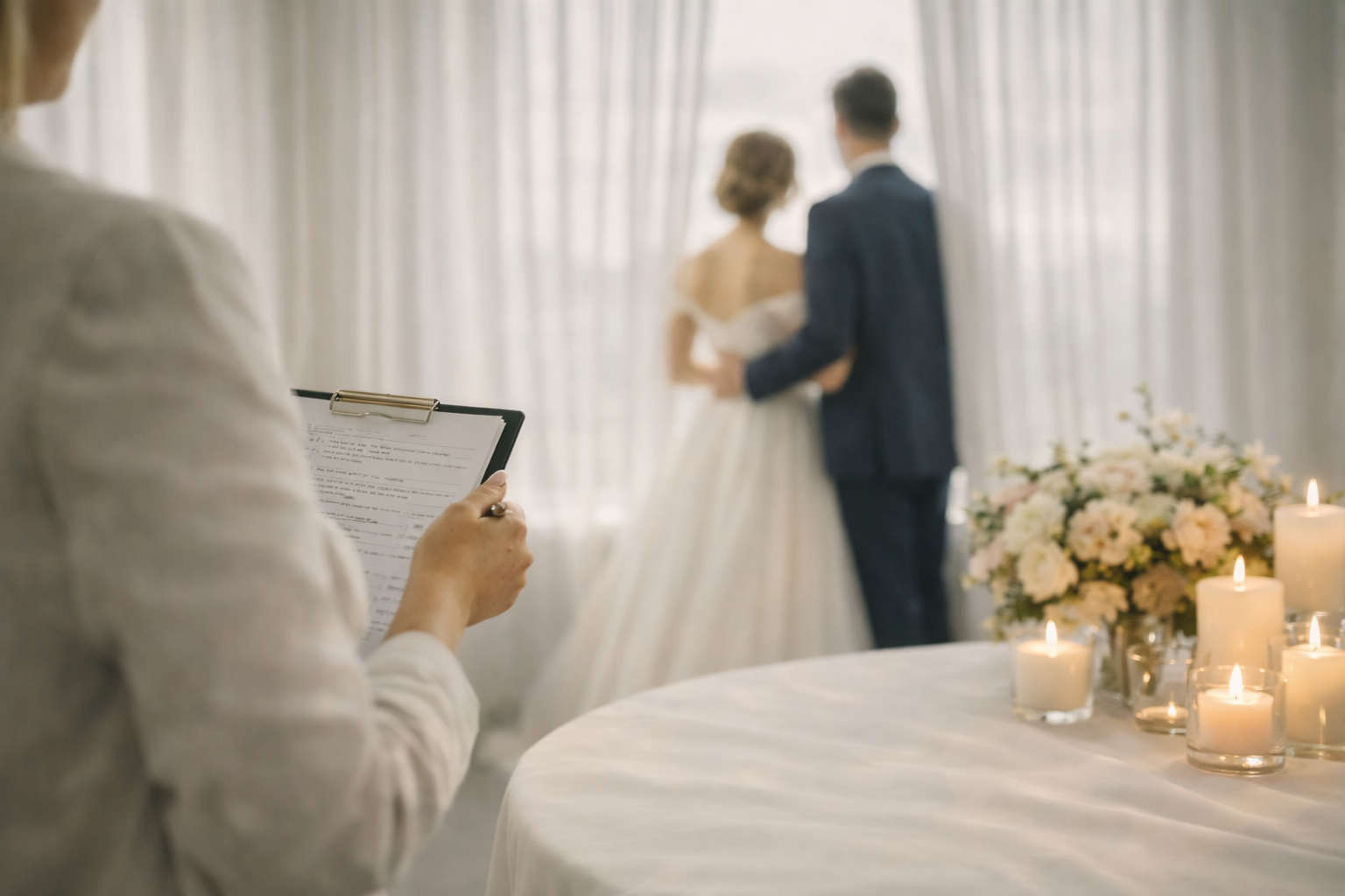 Hochzeitsplanerin in Wien/Niederösterreich begleitet eine Braut am Hochzeitstag: ruhiger, eleganter Moment im warmen Licht, dezente Berührung, hochwertige Stoffe, steht für Struktur, Vertrauen und professionelle Begleitung bis spät in die Nacht.