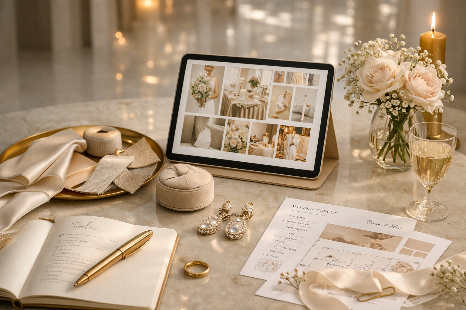 Elegantes Arrangement mit Tablet, Moodboard, Stoffmustern und goldenen Akzenten – Symbol für exklusive Hochzeits‑Teilplanung im Manta Paket von Memory Moments in Wien und Niederösterreich