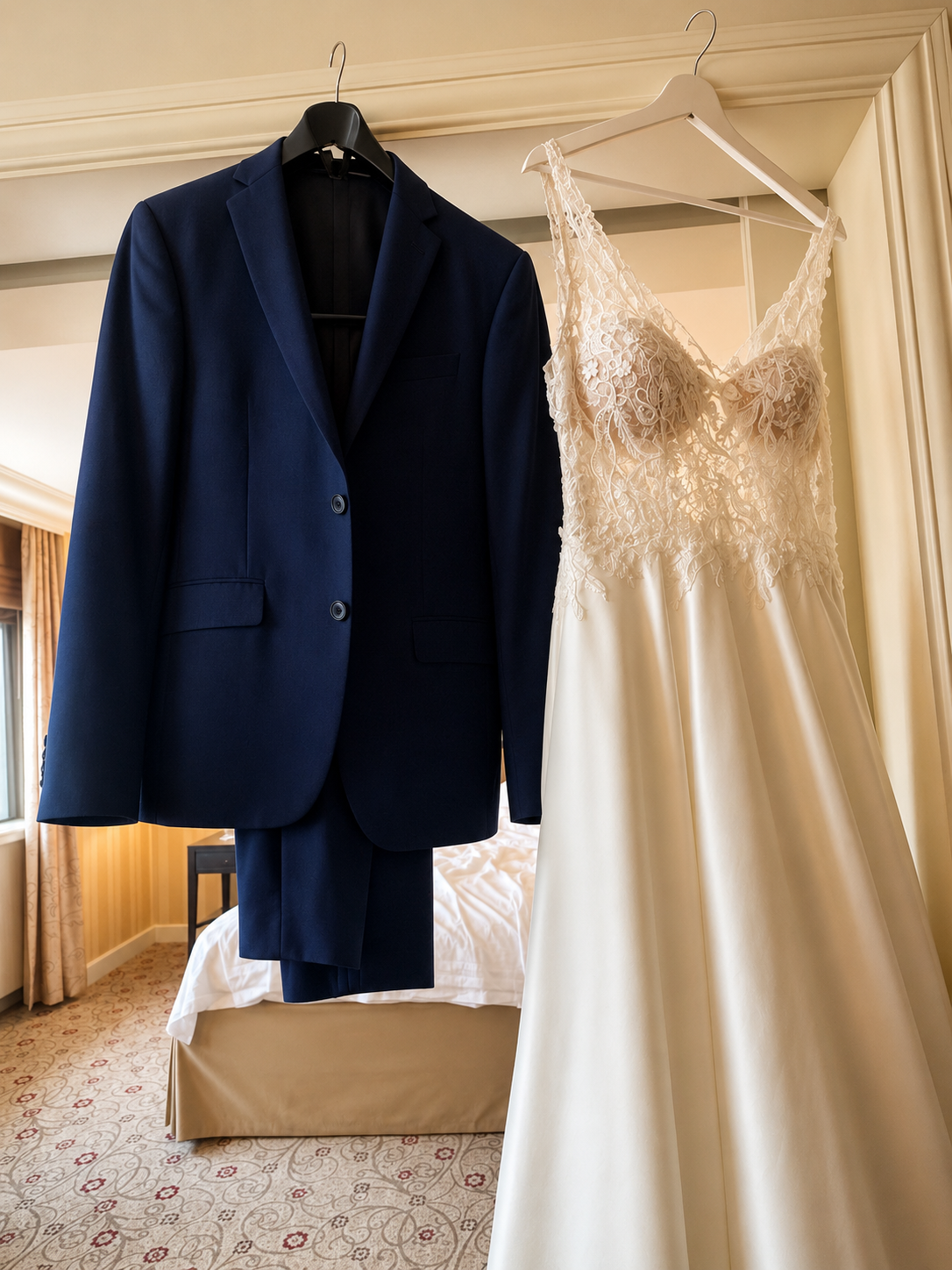 Brautkleid und blauer Anzug für den Bräutigam