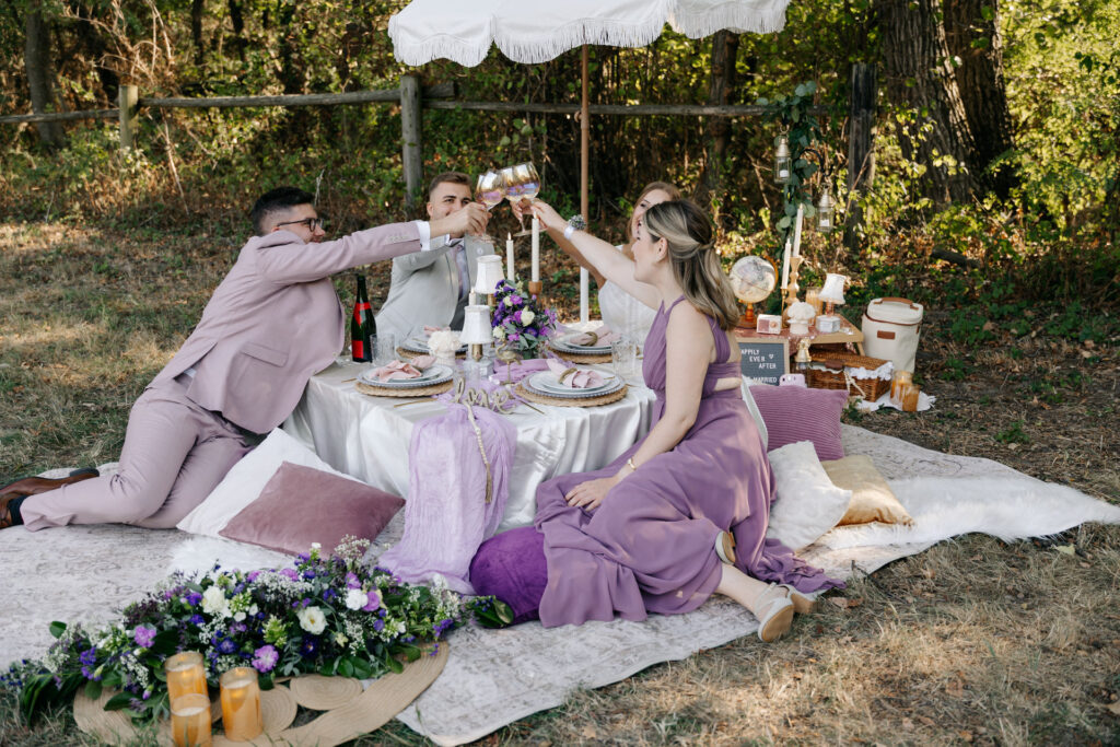 Picknick nach der Hochzeit - Brautpaar und Trauzeuginnen gemeinsam